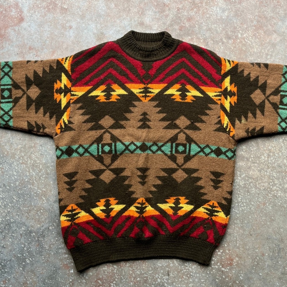 United Colors of Benetton Vintage Shetland Wool Aztec Sweater Mens XL - Picture 4 of 9